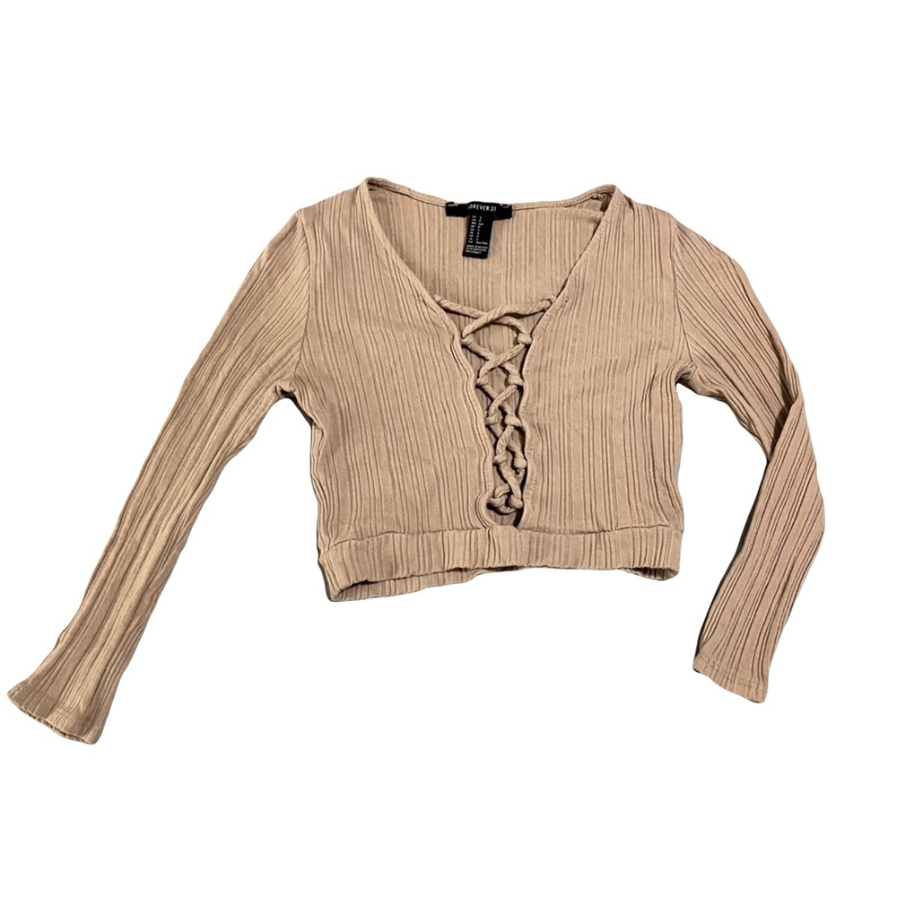 ✨Forever 21✨ Long Sleeve Ribbed Crop Top Size Small Beige Neutrals Lace Sexy